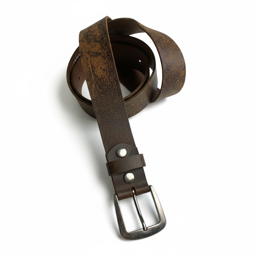Distressed Leather Belt, Silver Buckle, Size 48